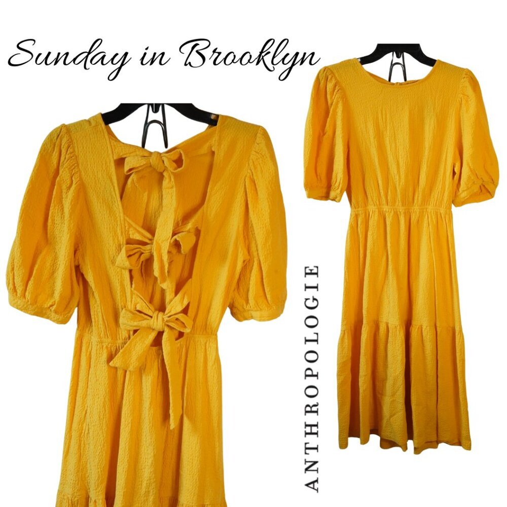 Sunday‎ in Brooklyn, Tie Open Back Puff Sleeve Ruffle Midi Dress, Yellow, Gold